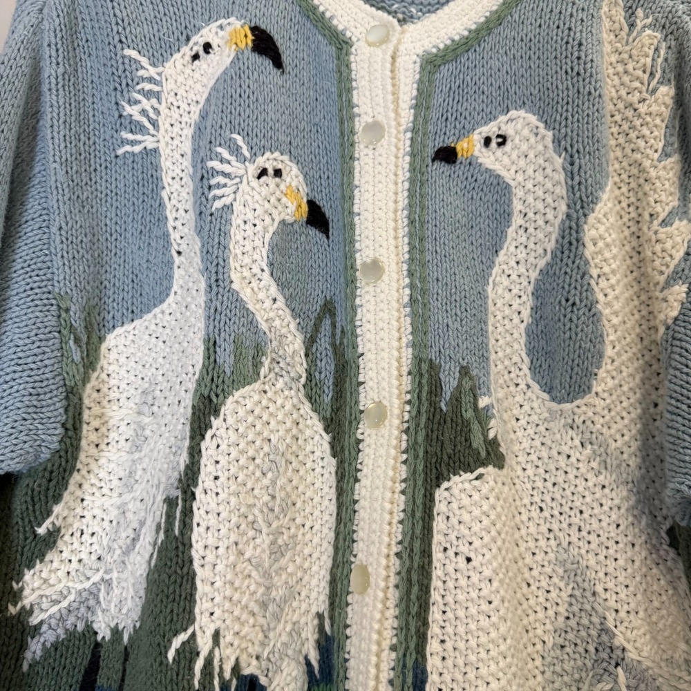 Orvis Cardigan Womens Large Gray Egrets Print Knit Snap Long Sleeve Cozy Sweater - Picture 5 of 14